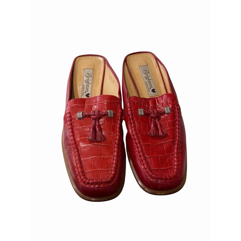 Brighton Julie Women's 7.5 Red Tasseled Croc Leather Loafer Mule Shoe Quiet Luxe